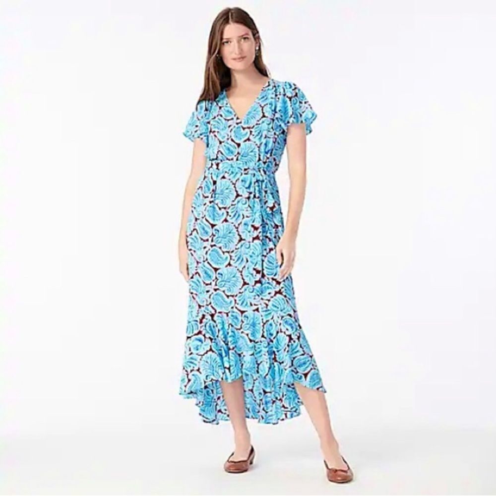 J.Crew V-neck Flutter-hem Dress Aqua Paisley 14 